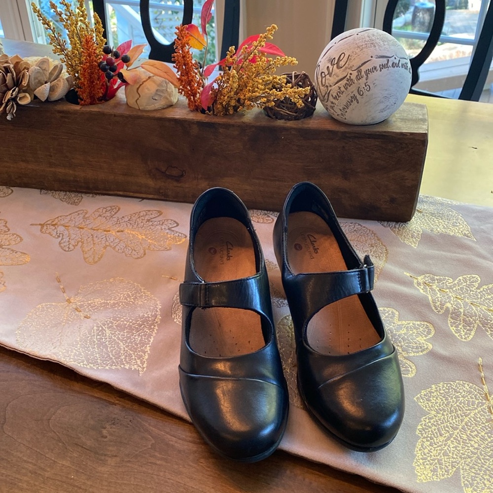 Clarks 2 inch heel MaryJanes with Velcro strap